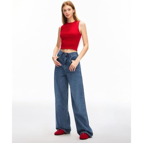 Women's Baggy Jeans Junior Fit High Rise Wide Leg Denims with Snap - Picture 7 of 7